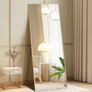 DUMOS Full Length Mirror with Stand, 56″x15″ Floor Mirror with Aluminum Alloy Frame for Bedroom, Standing Full Body Mirrors with Shatter-proorf Nano Glass for wall, Living Room, Cloakroom, Gold