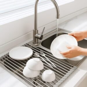 Over-The-Sink Roll Up Dish Drying Rack, 18.5″ x 13.5″ Foldable Stainless Steel Dish Drainer Mat, Sink Cover & Heat-Resistant Kitchen Organizer (Grey)