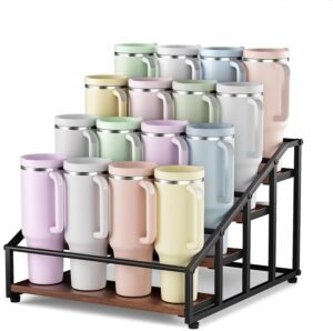 MOJOHAND 4-Tier Stanley Tumbler Organizer, Holds 16 Stanley 40 oz Tumblers & Water Bottles, Fits All Kinds of Bottles, Organizes Pantry, Kitchen, or as a Wine Rack