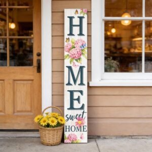 Home Sweet Home Welcome Sign for Front Porch, 47″ Wood Framed Porch Sign Spring Hydrangea Flower Decorations with Hanging Rope, Farmhouse Yard Signs Home Decor for Outdoor Patio Gift for Family and Friends