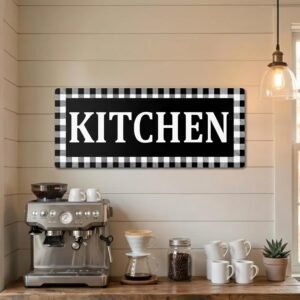 Jetec Kitchen Sign Buffalo Plaid Wooden Black and White Wall Decor 13.8″ x 5.1″ Rustic Checkered Wall Sign Vintage Farmhouse Kitchen Decor for Home Pantry Dining Room Restaurant Coffee Shop
