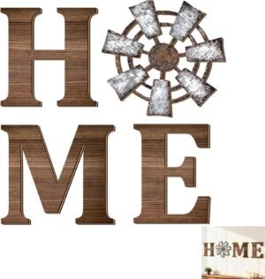 Windmill Home Letters Wood Sign, Set of 4, Brown Rustic Farmhouse Wall Decor & Home Sign Wall Decor – Wooden Hanging Decoration for Living Room, Kitchen, Bedroom, Porch