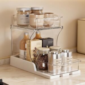 Jsyrjing Pull Out 2 Tier Organizer for Kitchen Bathroom and Cabinet Storage Rotating Pantry Rack Under Sink Organizer Clear and Durable Design 1 Pack