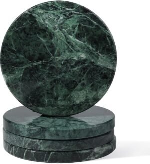 Koville Marble Coaster Set of 4, Round Coasters, 4″ Stone Coaster for Drinks Coffee, White Marble Coasters for Coffee Table Home Bar Decor, Heat Resistant, Gift Choice(Green)
