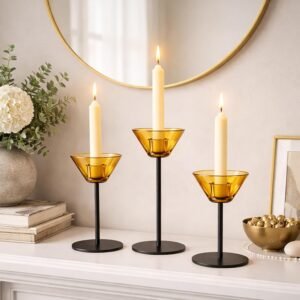 Smytle Amber‑Gold Glass Candlestick Holders with Weighted Black Metal Base, Set of 3 Amber Candle Holders for Both Taper and Tea Light Candles, Boho & Autumn Table Decor, Wedding Centerpiece