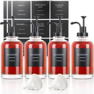 4PCS Coffee Syrup Dispenser, Glass Syrup Dispenser for Coffee Bar w. Labels and Pump, 16.9 oz 500ml Syrup Pump Dispenser, Coffee Bar Accessories Simple Syrup Bottle w. Pump, Ideal Gift