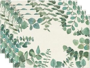 Artoid Mode Eucalyptus Leaves Summer Placemats for Dining Table, 12 x 18 Inch Spring Seasonal Holiday Rustic Vintage Washable Table Mats Set of 4 Green