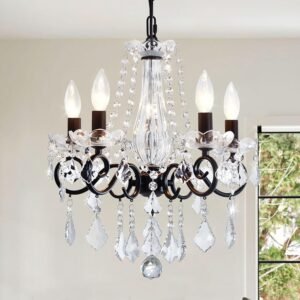 Crystal Chandelier, 5-Light Chandelier for Dining Room Light Fixture, K9 Crystal Pendant Ceiling Light Fixture, Modern Candle Chandelier for Living Room Kitchen Island Entryway Bedroom (Black)