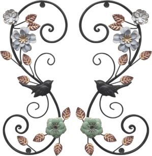 Birminwind 3D Metal Flower Wall Art: 2pcs Vintage Floral Wall Décor with Leaves Bird for Room – 15.16″ Black and Gold Iron Decoration Indoor Outdoor