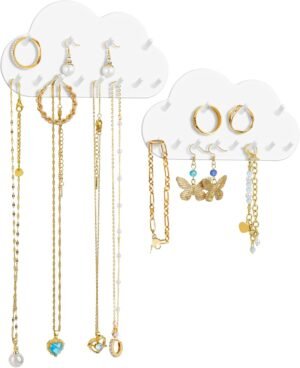 NiHome 2-Pack Cloud Shape Wall-Mounted Hanging Jewelry Organizers for Necklaces, Bracelets, Earrings, Hair Ties, No-Drill Space-Saving Racks for Bathroom, Bedroom, Vanity, Closet, Door, Mirror (White)