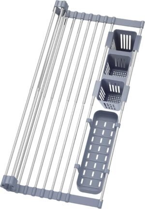 BBXTYLY Expandable Roll Up Dish Drying Rack Up to 22.8”with 2 Storage Baskets,Over The Sink Kitchen Rolling up Dish Drainer Drying Rack, Foldable,Rollable,for Kitchen Dishes(Expandable Width Size)