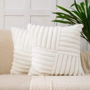 All Smiles Couch Decorative Spring Throw Pillow Covers 18×18 Set of 2 Faux Fur Plush Soft Fluffy Velvet Cushion Case Cozy Fuzzy Striped Pillowcase Home Decor for Bed Sofa Living Room,Cream White