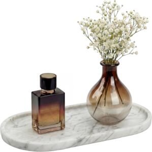 YKAJO Oval Real Marble Tray for Bathroom Kitchen Counter Stone Decorative Vanity Tray for Dresser Perfume Heavy Catchall Organizer for Soap Jewelry (Carrara White, 11.8″ x 5.9″)