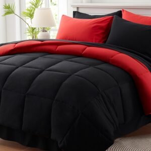 Anluoer Queen Comforter Set 7 Piece, Reversible Bed in a Bag Queen Size, Soft Bedding Set with Comforter(88″X88″), 2 Pillow Shams, 2 Pillowcases, 1 Flat Sheet, 1 Fitted Sheet, Red & Black