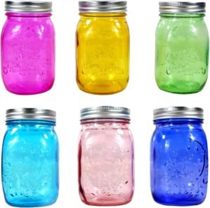 COOKWIN Colored Mason Jars 16oz Set, 6 Pack Durable Wide Mouth Glass Canning Jars with Lids for Canning, Decor, Storage And DIY Crafts