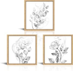 Vefacaiyo Abstract Floral Wall Art With Wood Framed Flower Paintings Minimalist Wall Decor Abstract Flower Picture Decor For Walls,12″x12″ Set of 3 (Black)