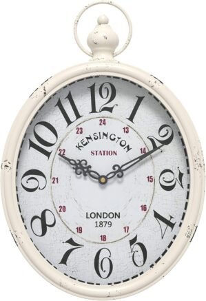 Menterry Oval Retro Wall Clock, Rustic Vintage Style, White Antique Design, Battery Operated Silent Decor Large Wall Clocks for Kitchen,Farmhouse,Office (15.5″ H x 10.5″ W)