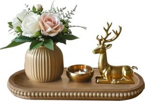 dwellington Wooden Farmhouse Decorative Tray, 11.8in Rustic Beaded Tray for Living Room Decor, Kitchen Table Décor, Oval Coffee Table Serving Tray (Natural)