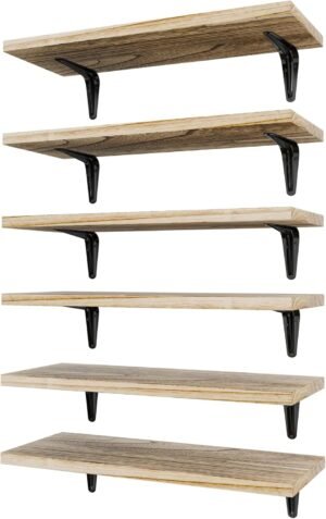 SKYSEN Floating Shelves for Wall Set of 6, 15.7in Wood Wall Shelf for Decor, Bathroom, Bedroom, Storage, Book,Kitchen, Living Room – Rustic Brown(fs-40-l)