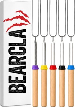 BEARCLAW Smores Sticks for Fire Pit – Accessories for Campfire Marshmallow Roasting Sticks Smores Kit Outdoor-Smore Skewers Hot Dog Fork For Outside, Camping Essentials Bonfire Gear Long 32″ 5 Pack