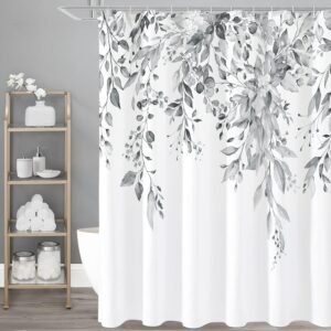 Gibelle Grey Eucalyptus Shower Curtain, Watercolor Plant Leaves with Floral Bathroom Shower Curtain Set, Gray White, 72×72