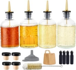 Simple Syrup Bottles Set of 4, Glass Coffee Syrup Dispenser Bottles 7 OZ With Metal Pour Spout, Labels and Stopper, Glass Syrup Dispenser for Maple Honey Syrup Oil and Sauces, LC004 (4 Pack)