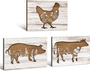 Jetec 3 Pieces Farmhouse Kitchen Signs Cow Rooster and Pig Decors 7.9 x 5.9 Inch Rustic Wooden Signs Country Wall Decorations for Kitchen Wall Ornaments and Home Supplies (Cute Style)