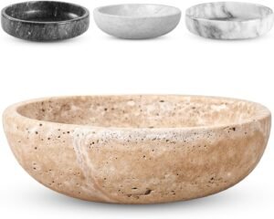 FNTSTICGOODS Travertine Decorative Bowl – 7.8” Diameter & 2” Height – Key Bowl for Entryway Table – Travertine – Organic Modern Centerpiece – Beige/Natural