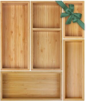 Bamboo Drawer Organizer Set, 5 PCS Multi-Use Individual Wood Storage Organizers, Junk Drawer Divider and Storage Trays Containers for Kitchen, Bathroom, Office Desk, Makeup, Jewelry, Utensils