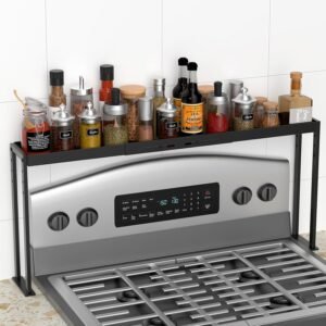 Spice Rack Shelf for Kitchen Stove, Adjustable 27 to 33 Inch Spice Rack Organizer, 4 Level Adjustable Height Stove Top Shelf for Kitchen, Over the Stove Shelf for Curved Stove, Black