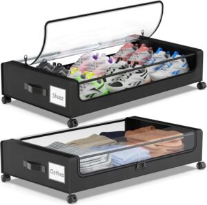 Molutsody Under Bed Storage with Wheels, 2-Pack Underbed Storage Containers with Clear Lids, Under Bed Shoe Storage Organizer, Rolling Under the Bed Storage Bins for Clothes Shoes Blankets (Black)