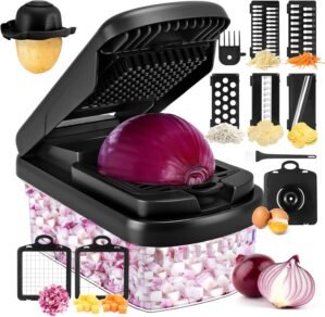 Vegetable Chopper,12-in-1 Multifunctional Food Chopper,Professional Onion Chopper with 7 Blades,Vegetable Cutter with Container for Salad,Potato,Carrot,and Garlic Essential Kitchen Tool (Black)