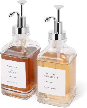Coffee Syrup Dispenser for Coffee Bar, Clear Glass Syrup Bottles with Pump, Refillable Maple Syrup Storage, Coffee Station Accessories and Organizer, 500ml, Set of 2 (Chrome Finish)