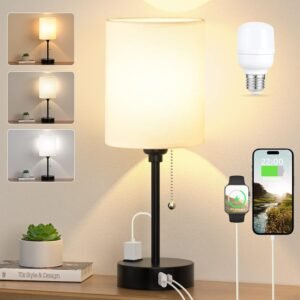 Small Bedside Table lamp for Bedroom – 3 Color Temperatures Bedside Lamps with USB C and A Ports, Pull Chain Table Lamps with AC Outlet, White Nightstand Lamps with Black Metal Base for Kids Reading