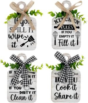 PH PandaHall 4 Styles Kitchen Rules Wooden Sign, Wall Decor Eat Wood Cutting Board Sign Farmhouse Tiered Tray with Hemp Rope Hanging Wall Decor for Home Kitchen Dining Living Room Bar Table Decoration