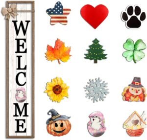 Surfapans Interchangeable Welcome Sign for Front Porch Standing 45″X9″ Large with 12 Pcs Replaceable Icons Outdoor Decorations Frame Tall Vertical Outside Farmhouse Rustic Door Decor (Wood)