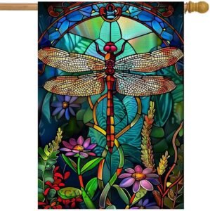 Stained Glass Spring Summer House Flags 28×40 Double Sided Large Dragonfly Garden Flag Flower Yard Flags for Outside Decorations