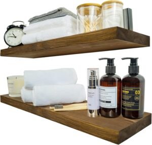 BGMG Wood Floating Shelves for Wall 24 inch Set of 2, Rustic Wooden Wall Mount Shelves for Bathroom Living Room Bedroom Kitchen Farmhouse -24×6.7-Dark Walnut