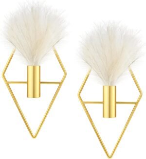 Peryiter 2 Pcs Boho Wall Decor Metal Gold Wall Art Hanging Planters with Artificial Pampas Modern Home Decor Display Art for Living Room Bedroom Bathroom(Rhombus)