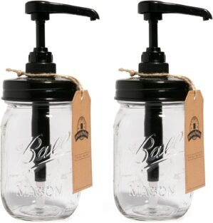 Jarmazing Products Mason Jar Syrup Dispenser – Set of 2 – 16 oz Ball Jars with Rust-Proof, Leak-Proof, Food Grade Pumps for Honey, Syrups, Condiments, Salad Dressings and More