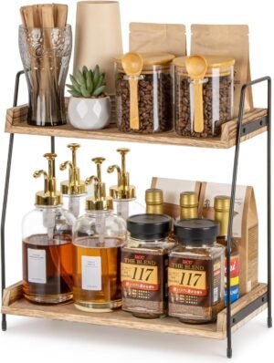 ANBOXIT Countertop Coffee Station Organizer, 2 Tier Wooden Shelf for Coffee Bar Accessories, Condiment Storage Caddy for Kitchen, Home, Office – Brown