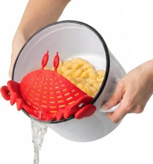NEW Crabby Clip-On Strainer by OTOTO – Silicone and Stainless Steel Pasta Strainer, Funny Gifts, Cute Kitchen Accessories, Red Crab, Cool Kitchen Gadgets