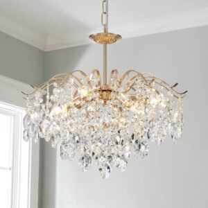 Saint Mossi 6-Light Gold Crystal Chandeliers, Middle Century Dining Room Light Fixture, Modern Pendant Light for Living Room, D20 x H17, Adjustable Chains 59″, Chopper Finish Metal Frame
