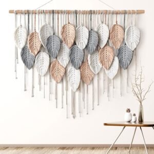 Alynsehom Large Macrame Wall Hanging, Boho Woven Tapestry, Chic Modern Bohemian Handmade Leaf Feather Wall Art Home Decor for Apartment Dorm Living Room Bedroom Nursery Backdrop (39″ W X 29.5″ L)