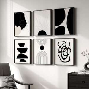 Framed Boho Black and White Abstract Wall Art, Set of 6 Modern Canvas Prints Paintings Artwork for Walls, Minimalist Geometric Pictures for Living Room Bedroom Office Bathroom Wall Decor 11×14 Inch