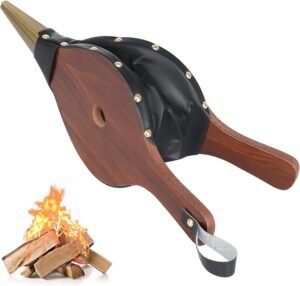 Gtongoko Fireplace Bellows Air Blower Cast Nozzle 14.8″ x 5.6″ for Outdoor Camping BBQ Grill Chimney Hand Bellow Pump Pit Barbeque Fire Tools Accessories with Hanging Strap, Brown