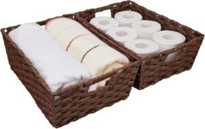Onlytak Large Wicker Storage Basket, Metal Frame, Set of 2, Washable Waterproof, 15″ x 10.3″ x 5.2″, Brown Color, Woven Basket for Pantry, Toilet, Bathroom, Bedroom, Patio