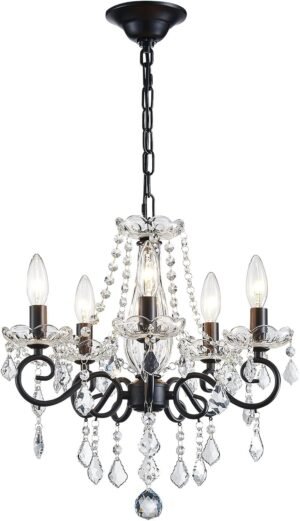 ANJIADENGSHI Small Crystal Chandelier, Modern Black Chandelier Dining Room Light Fixture, Mini Crystal Pendant Light for Bedroom Ceiling Light Fixture for Living Room Entryway Kitchen Island Hallway