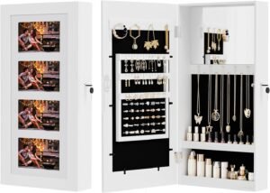 Bonnlo Jewelry Armoire with Photo Frame, 23.62 x 11.81 x 3.55 inch, Small Storage Jewelry Cabinet Organizer, Wall Mount (White)，Chic Bedroom Furniture & Gift for Women