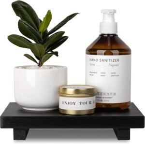 Bathroom Counter Organizer Wood Pedestal Stand Farmhouse Decorative Tray Soap Holder for Kitchen Decor, 9″ x 6″ – Black